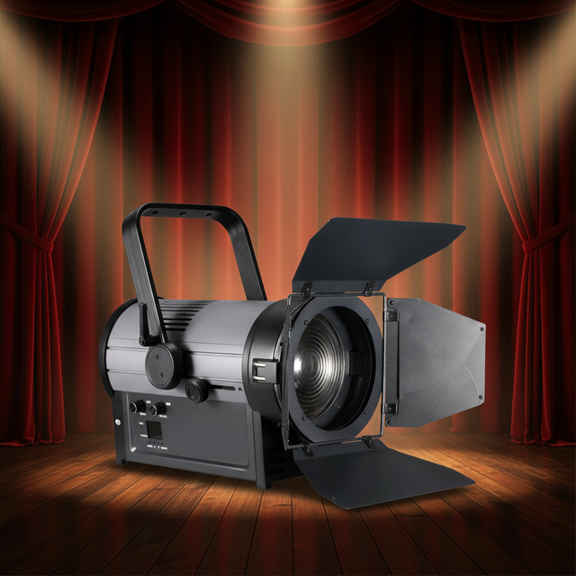 350W Industrial Aluminum LED Fresnel Light RGBAL 5-in-1 COB TV Studio Light with DMX512 Control CRI96 15-55 Angle