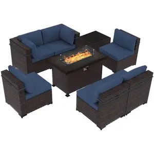 Patio Rattan Sofa Set PE Wicker Sectional Rattan Outdoor Furniture Set with Fire Pit
