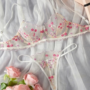 Conjunto de Lencería de Encaje Floral Bordado al por Mayor, Conjunto de Sujetador con Aros y Tanga de Malla Transparente, Conjunto de Ropa Interior Romántica de 2 Piezas - Product Image 1