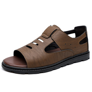 Sandales plates en cuir véritable pour hommes, à bout ouvert, avec fermeture auto-agrippante, décontractées, respirantes, semelle extérieure en caoutchouc, couleur unie, pour l'extérieur - Product Image 5