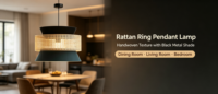 Luminaire suspendu moderne en tissu de rotin, abat-jour en tissu noir avec ceinture en rotin tressé, lampe suspendue pour salle à manger, salon