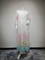 Robe Abaya Musulmane pour Femme à Col Montant, Manches Dégradées, Broderie Florale et Strass, Longue Robe Maxi pour Soirées et Événements