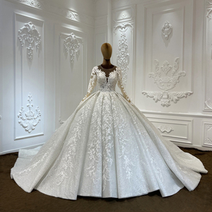 Vestido <span class=keywords><strong>de</strong></span> <span class=keywords><strong>Novia</strong></span> Romántico <span class=keywords><strong>de</strong></span> Encaje <span class=keywords><strong>de</strong></span> Lujo con Apliques Brillantes y Lentejuelas, Vestido <span class=keywords><strong>de</strong></span> <span class=keywords><strong>Novia</strong></span> Clásico Hasta el Suelo, Modelo Lscj14 - Product Image 1