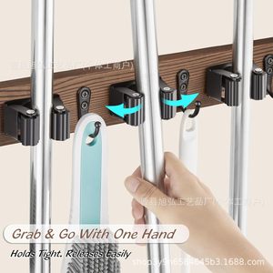 Mop Holder Wall Mounted Storage Rack With <b>Hooks</b> For Bathroom Cleaning <b>Tools</b> Heavy Duty Rectangle Design - Product Image 3