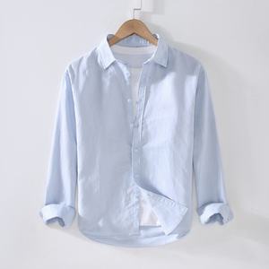 Camisa Casual de Manga Larga para Hombre, Primavera, Lino/Algodón, Cuello Cuadrado Holgado, Color Sólido, Transpirable y Ecológica - Product Image 3