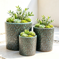 Pot en céramique turquoise gaufré, design floral rétro, ensemble de 3 pièces, pot émaillé au four pour la décoration du salon