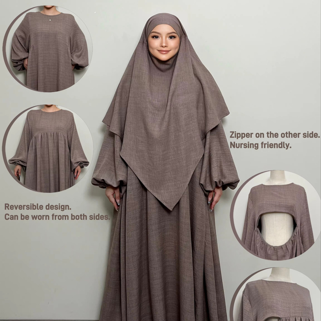 LM020+511 Crepe Linen Textured Khimar and Abaya Two Pieces Set Nursing Maternity Friendly Zipper Plus Size Prayer Jilbab Islamic