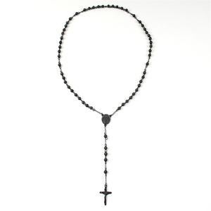패션 고급 4mm 묵주 목걸이 빈티지 스테인레스 스틸 블랙 타원형 펜던트 크로스 참 목걸이 - Product Image 5