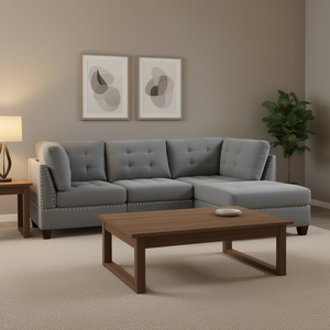 Set di divani componibili modulari in tessuto grigio a 3 pezzi con schienale trapuntato e gambe in legno dal design contemporaneo - Product Image 2