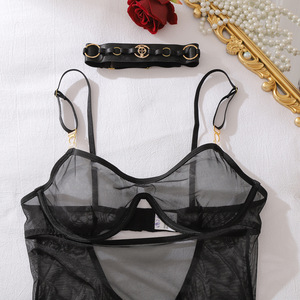 Ensemble de Lingerie Teddy de Luxe pour Femme, Col Noir, Style Spicy Girl, 4 Pièces, Transparent <span class=keywords><strong>en</strong></span> Maille Fine, avec <span class=keywords><strong>Porte</strong></span>-Jarretelles Nude Sexy - Product Image 3