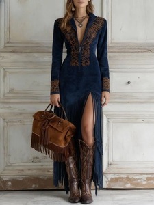 Abito da Donna in Stile Western Retrò Etnico per l'Autunno - Tessuto in Camoscio con Frange e <span class=keywords><strong>Stampa</strong></span> Floreale Asimmetrica - Product Image 5