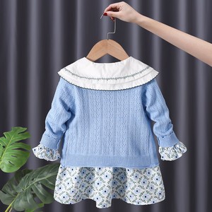 Girls Knitted Sweater And Floral Dress Set Blue Cotton Country Style Outfit For Autumn - Product Image 2