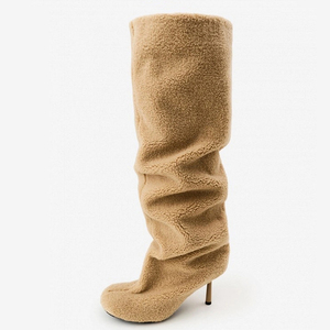 Women's Thick Fur Knee High Boots Ladies High Thin Heels Winter Baggy Shoes Square Toe Loose Pleated Upper <b>Long</b> Booties - Product Image 1