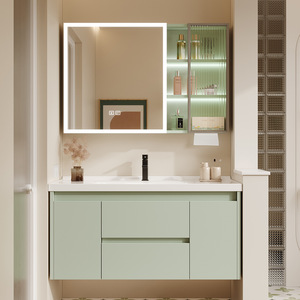 Modern wall mounted bathroom <b>vanity</b> with LED <b>mirror</b> cabinet and storage drawers thermo-bent - Product Image 1