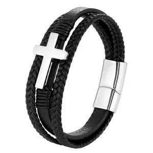 New Design Collect Stainless Steel Clasp Genuine Braided Genuine Leather Cross Charm Custom Men Leather Bracelets Bracelet Maker