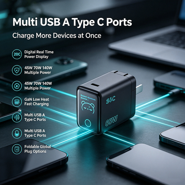 Hot Selling Digital Display GaN Charger | USB a USB C Fast Charging Wall Charger | 45W 70W 140W Multi Port Power Adapter
