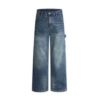 Jean en denim bleu délavé style rétro, coupe droite, ample et décontracté, polyvalent et tendance