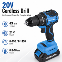 Perceuse sans fil à couple élevé 20V, perceuse électrique 43Nm avec mandrin en fer, 21+1 réglages d'embrayage, fournisseur de perceuses électriques