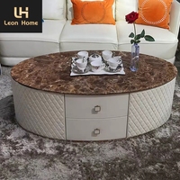 Nouveau design classique table basse salon base en acier inoxydable ovale en cuir stockage table basse avec tiroir