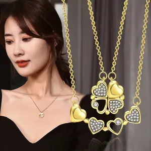 Magnetic Folding Four Heart Pendant Necklaces Crystal Clavicle Choker Together 4 Crystal Heart Flower Pendant Necklace