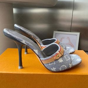 Mules da <span class=keywords><strong>Donna</strong></span> di Design in Denim con Punta Aperta e Tacco a Spillo da 9 cm, con Finiture in Pelle, per l'Estate, Uso Quotidiano e Feste, alla Moda - Product Image 4