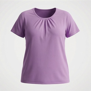 T-shirt plissé pour femmes, tricoté, manches courtes, col rond, couleur unie, tenue décontractée pour tous les jours - Product Image 1
