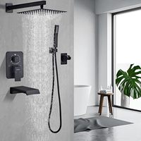 HOMEDEC Système de douche complet carré de 10 pouces avec fonction pluie, douchette à main 3 fonctions, bec de baignoire cascade et robinet de douche mural en laiton