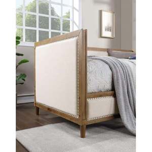 Beige Velvet Upholstered <b>Foldable</b> 1pc Day Bed Light Oak Bed Frame Nailhead Trim Bedroom Furniture <b>Mattress</b> Living Room Hotel - Product Image 6