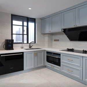 Cuisine intégrée LDK, <span class=keywords><strong>aménagement</strong></span> ouvert semi-ouvert, design en U ou en L, armoires sans poignées, plan de travail en dalle, panneau écologique ENF - Product Image 3