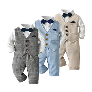 Costume pour petit garçon, gilet et pantalon + chemise à manches longues avec nœud papillon, tenue formelle pour bébé garçon, KBLS-009