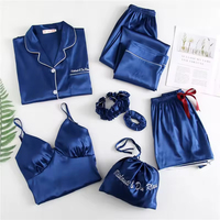 Ensemble de pyjama en satin polaire pour femmes, ensemble de 7 pièces pour la maison avec taille élastique, manches longues, couleur unie, logo sur le devant