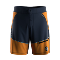 Boardshorts sans marque pour homme, système de fermeture à cordon de serrage à la taille, bleu marine et orange brûlé, poches latérales diagonales à fentes