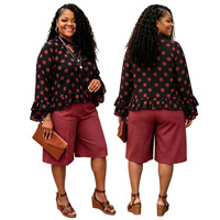 Ensemble décontracté XL-5XL pour femme, grande taille, chemisier en mousseline à pois avec col noué et ourlet à volants, manches longues et short longueur genou, vente en gros