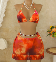 Ensemble de maillots de bain 3 pièces pour femme, imprimé 3 couleurs, avec haut triangle, bikini échancré à perles et jupe transparente, tenue de plage