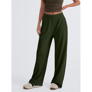 Pantalon palazzo à taille haute pour femmes, à jambes larges, extensible, côtelé, avec poches, pantalon décontracté pour la maison, respirant, en coton tricoté - Product Image 2