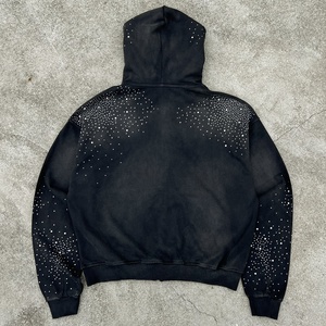 Heavyweight French Terry Breathable Rhinestone Embroidery <b>Zipper</b> <b>Hoodie</b> Streetwear Distressed Acid Wash Oversized Men Hoodies - Product Image 2