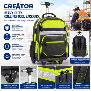 Sac à dos à roulettes robuste pour outils, bretelles escamotables et bande réfléchissante, organisateur d'équipement professionnel pour électricien - Product Image 1