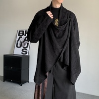Chemise décontractée à manches longues pour homme, col drapé irrégulier, jacquard noir uni, coupe ample, style streetwear pour le quotidien