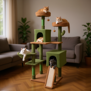 Árbol rascador multinivel para gatos con dos casas, escalera, postes rascadores y cama, para interiores, moderno, verde. - Product Image 2