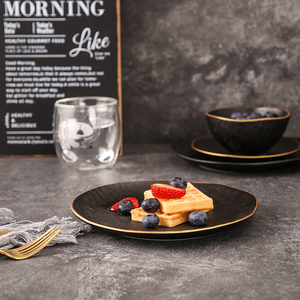 Bộ đĩa ăn cưới sứ cao cấp 10 inch, men đen mờ viền vàng, dùng cho nhà hàng, bộ đồ ăn gốm sứ gia dụng - Product Image 1