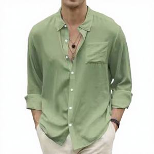 Nuevas Camisas de Vestir Formales de Lino/Algodón para Hombre, Transpirables, Antiarrugas, de Color Sólido, Cuello Mao, Manga Larga, para Otoño - Product Image 3