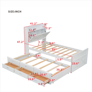 Twin Size Wooden <b>Bed</b> with <b>Storage</b> Headboard with Outlets Extendable <b>Bed</b> Trundle with Three <b>Storage</b> Drawers for Hotel Bedroom - Product Image 6