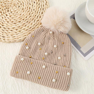 Gorro de punto de moda con perla invierno cálido Color sólido liso colorido gorro de punto sombreros Gorro con pompón - Product Image 4