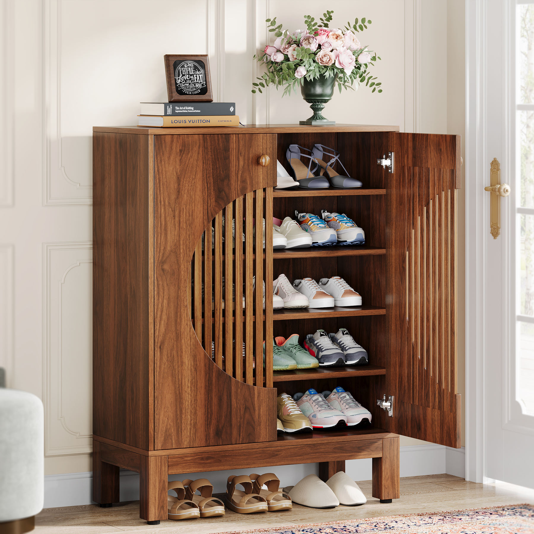 5-Tier Shoe Cabinet with Round Louvered Doors 20 Pairs Farmhouse Shoe  Storage Cabinet Freestanding Shoe Rack Organizer