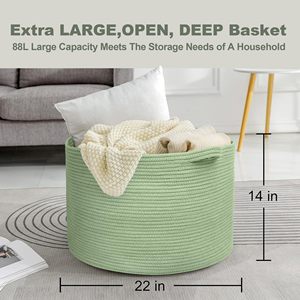 Extra <b>Large</b> Green <b>Basket</b> 22" X 22" X 14" Woven Cotton Rope <b>Baskets</b> for Blankets Nursery Laundry <b>Basket</b> Cute Kids Toy <b>Storage</b> Bin - Product Image 3