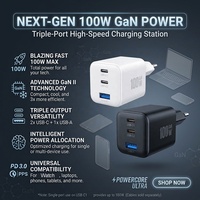 Chargeur Mini HNT 100W GaN PD PPS 2USB-C+1USB-A Multiport Chargeur Rapide Compatible avec Ordinateur Portable Téléphone Design Compact Prise EU