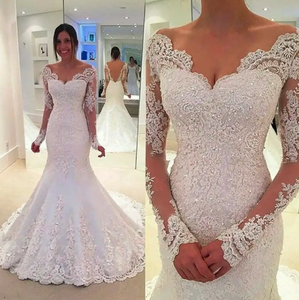Luxury Mermaid V Neckline <b>Sequin</b> White Color Brazilian Long Sleeve Lace Wedding Dresses - Product Image 4