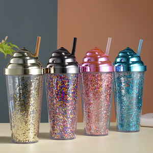 Double Layer Plastic Straw Cup Electroplated Snail Lid Sequin Cup Ice Cream Glitter Water Cup Party Use - Product Image 1