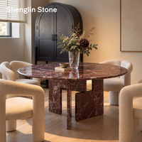 Table à manger ronde en marbre Rosso Levanto, design créatif, base en dalles géométriques imbriquées, meubles de salle à manger