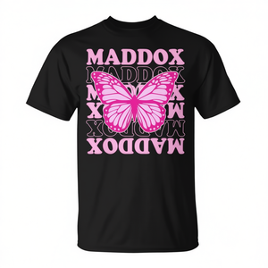 T-shirt personnalisé Maddox avec nom, motif papillon rose, style rétro vintage, taille adulte unisexe - Product Image 2
